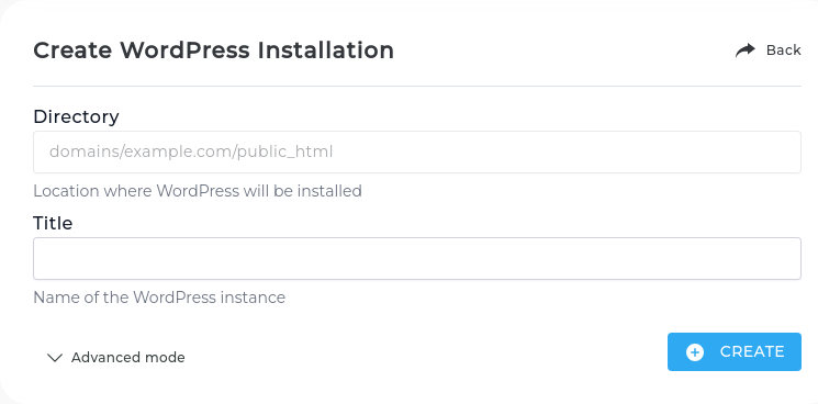 quick WordPress installation form