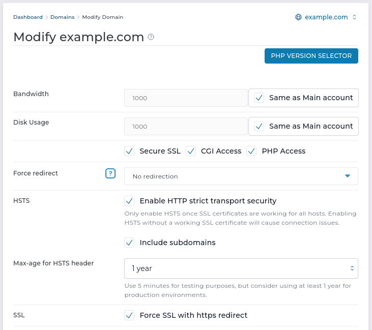 Domain HSTS configuration