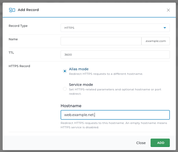 New HTTPS record (alias mode)