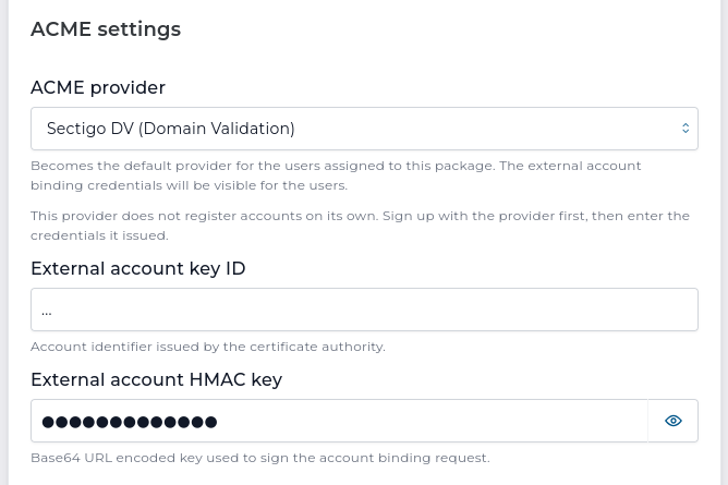 ACME settings in user package